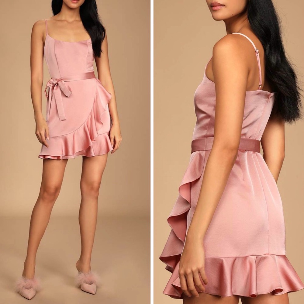 Lulus Glamourous Lifestyle Blush Pink Satin Faux-Wrap Mini Dress size Medium
